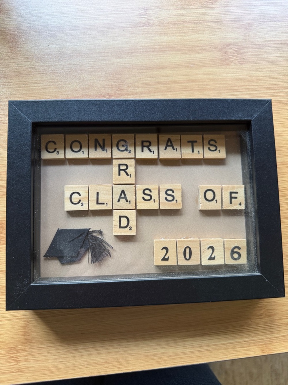 Graduation Shadow Box Decor - Black Frame, Tan Letter Tiles